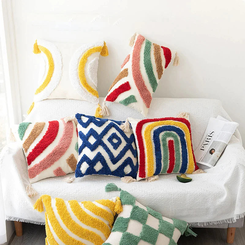 Afralia™ Boho Geometric Tufted Cushion Cover Cotton Canvas Pillow Covers