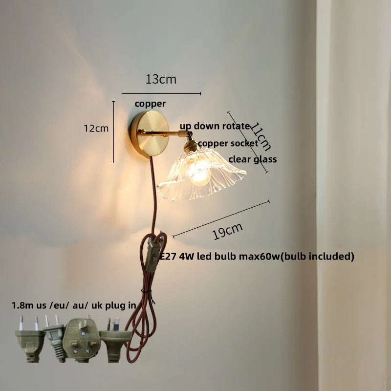 Afralia™ Pink Flower Glass Wall Light Fixture for Bedroom with Pull Chain Switch