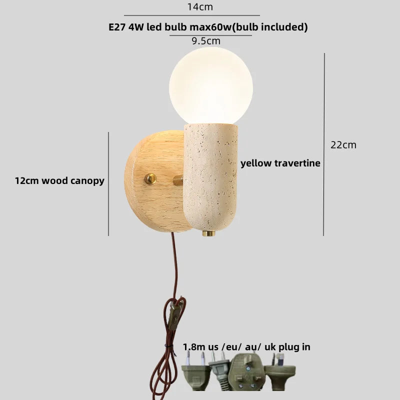 Afralia™ LED Wall Light Fixture Yellow Travertine Stone Modern Bedside Lamp