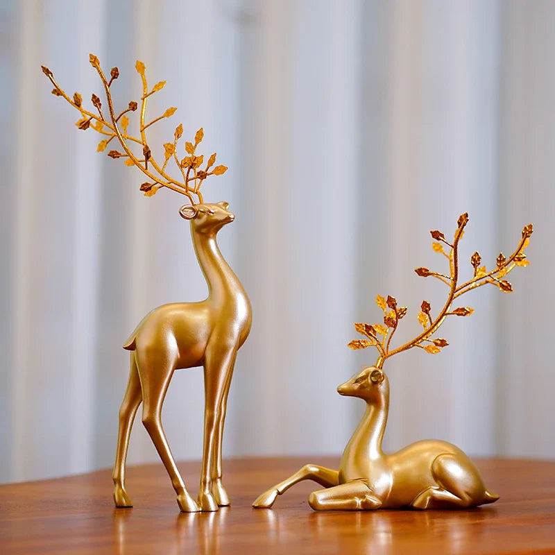 Afralia™ Golden Deer Figurines: European Feng Shui Home Decor Sculptures