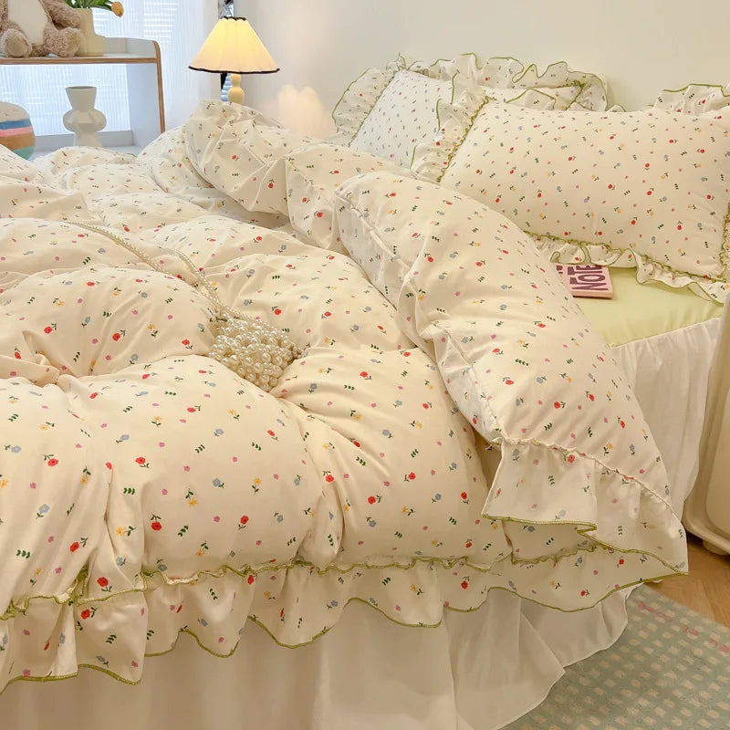 Afralia™ Korean Princess Floral Print Bedding Set in Washed Cotton for Girls