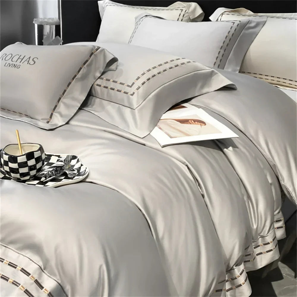 Afralia™ Nordic Silver Grey Embroidery 1000TC Egyptian Cotton Bedding Set - Queen King Size