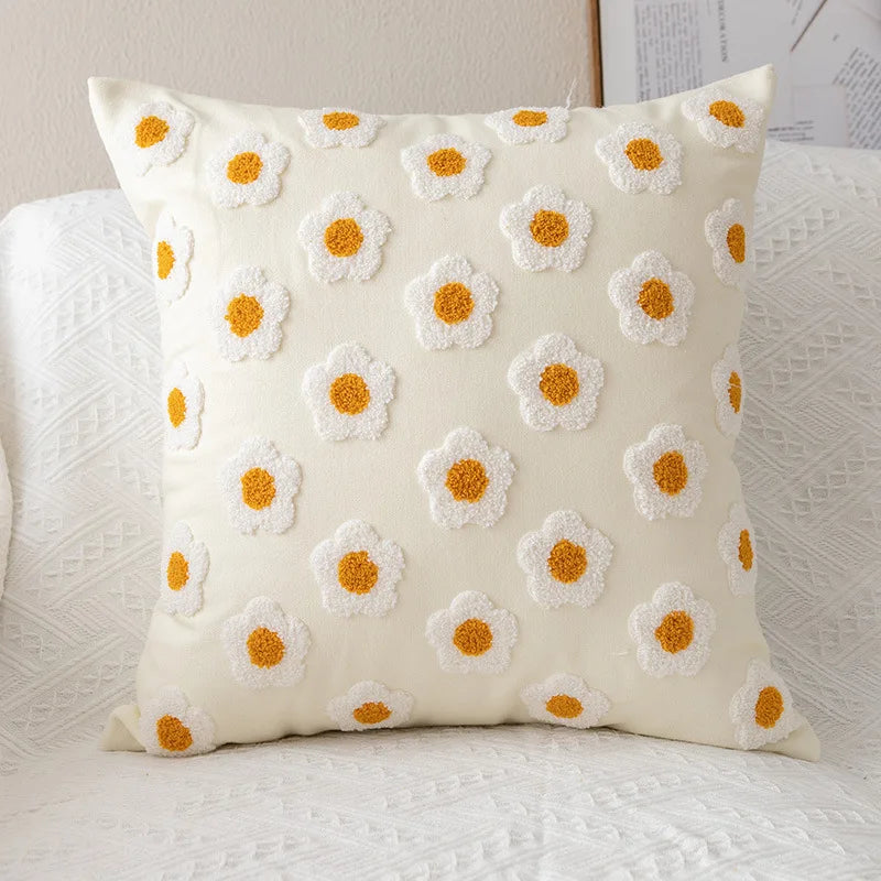 Afralia™ Daisy Floral Embroidery Pillow Cover 45x45cm/30x50cm White Blooms Cozy Soft Décor