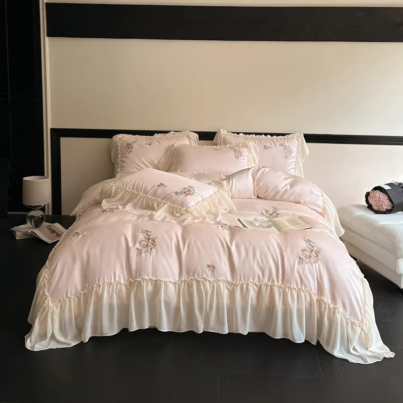 Afralia™ Flowers Embroidery Lace Ruffles Bedding Set in Soft Lyocell Fabric