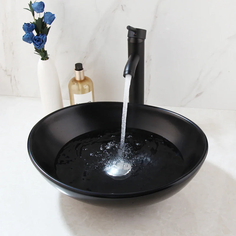 Afralia™ Matte Black Ceramic Oval Bathroom Bowl Sink with Brass Faucet Mixer Tap