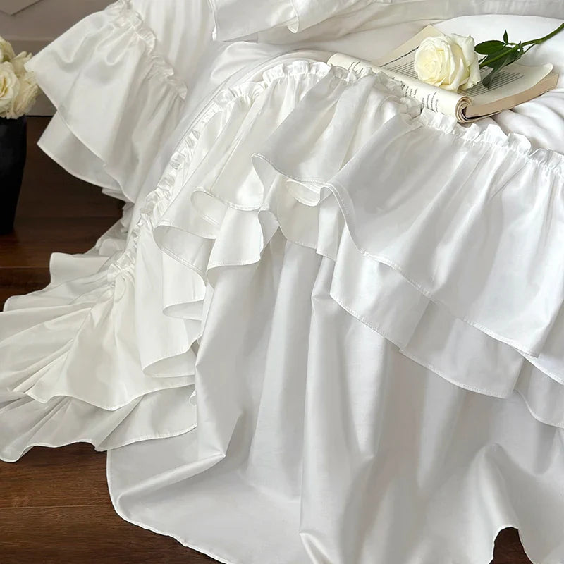 Afralia™ White French Princess Double Ruffles 1000TC Cotton Bedding Set