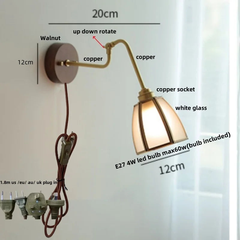Afralia™ Clear Glass LED Wall Sconce Pull Chain Switch Rotate Arm Walnut Wood Stair Light