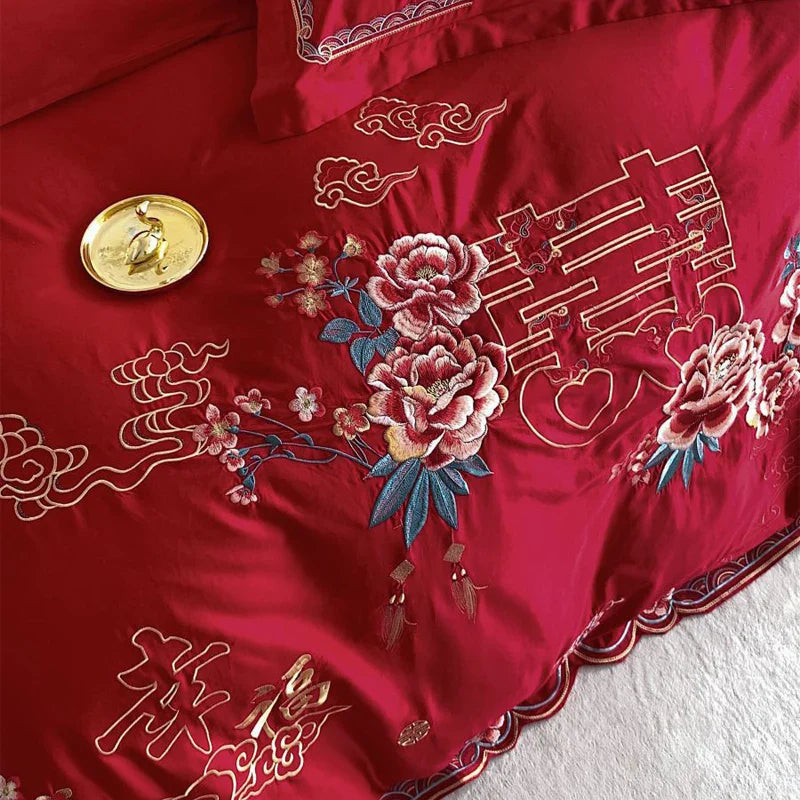 Afralia™ Peony Flowers Embroidery Queen Bedding Set with Brushed Duvet Cover and Sheet