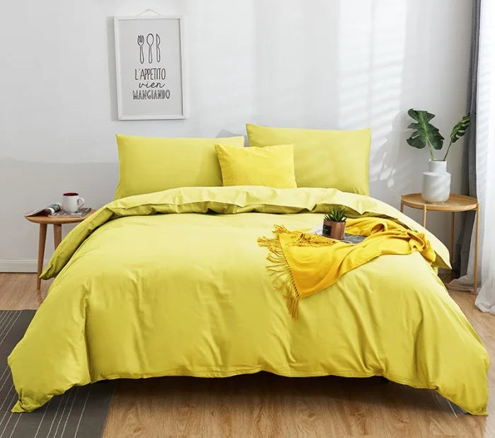 Afralia™ Cotton 4pcs Bedding Set Double Queen Solid Color Duvet Cover Flat Bed Sheet