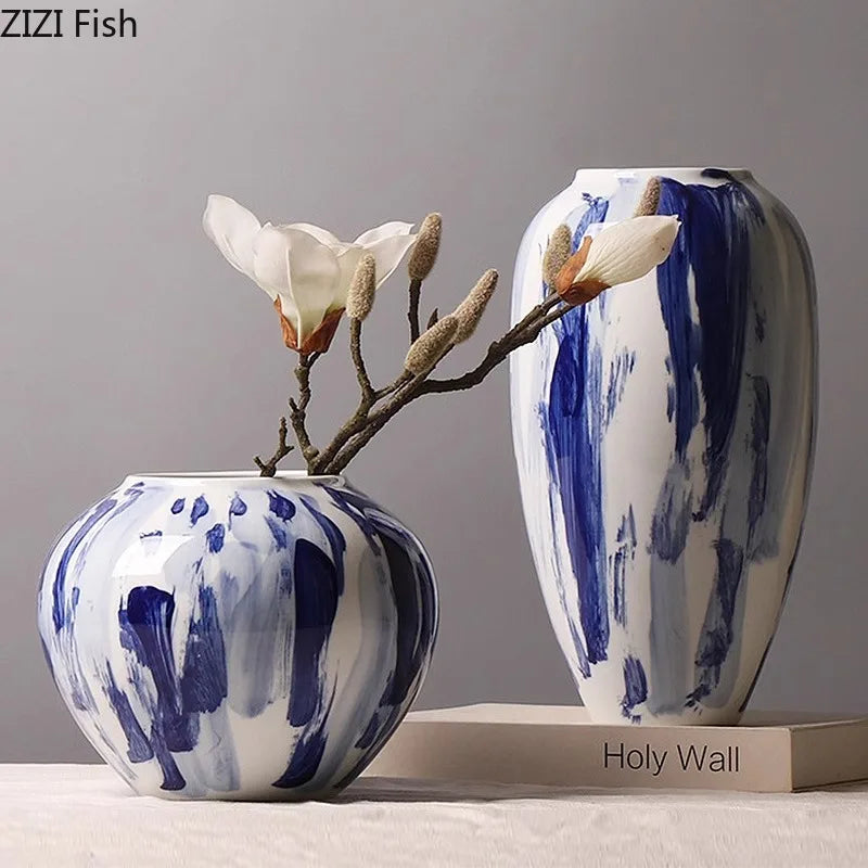 Afralia™ Blue & White Porcelain Vase: Ink Style Flowers, Aesthetic Room Decor
