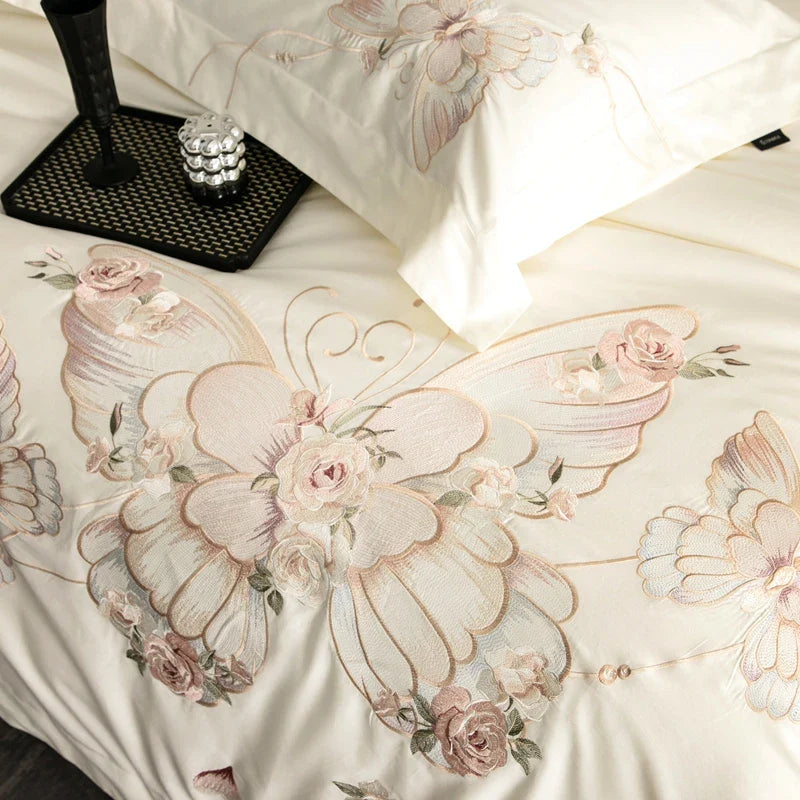 Afralia™ Luxe Butterfly Flowers Embroidery Bedding Set 800TC Egyptian Cotton Duvet Covers Sheets Pillowcases