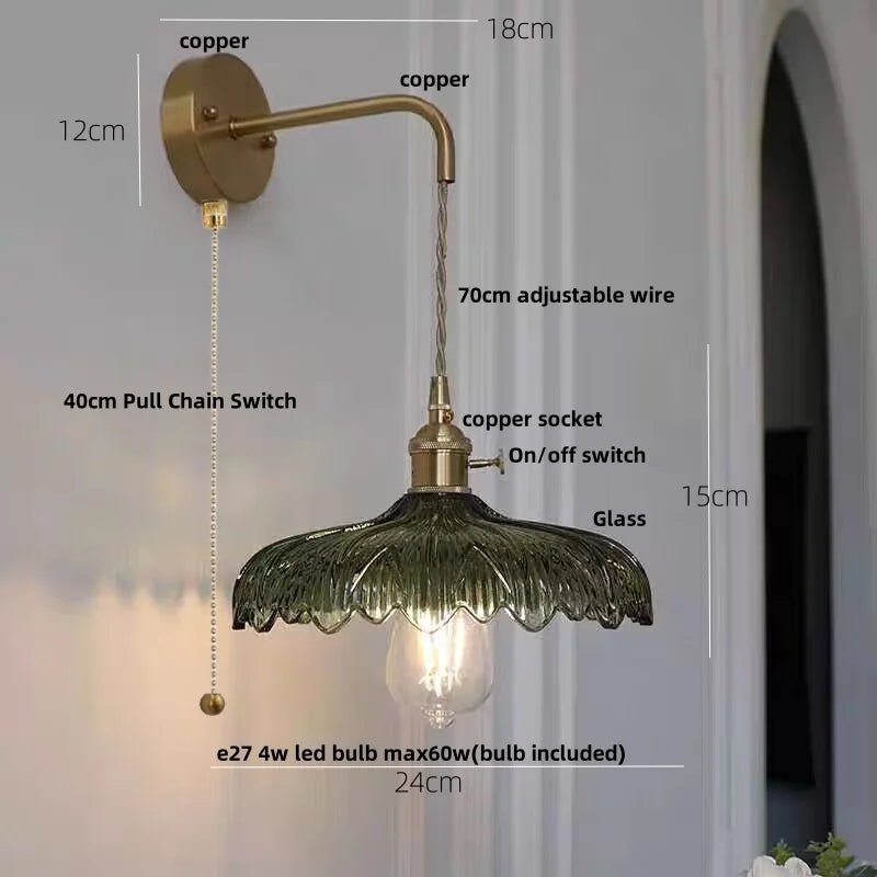 Afralia™ Amber Vintage LED Wall Light Glass Copper Pull Chain Switch Hallway Lamp