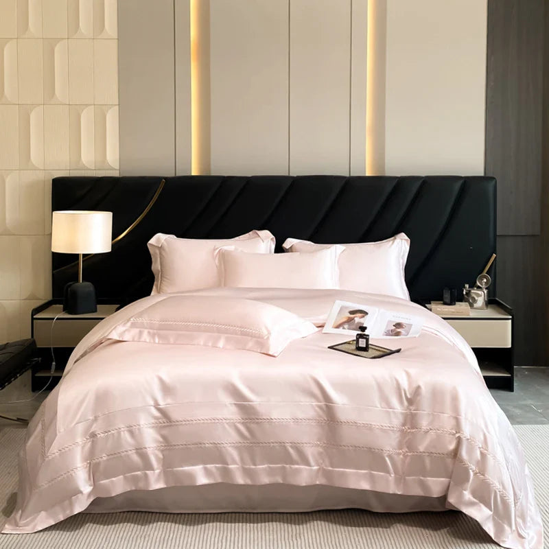 Afralia™ Embroidered Ice Silk Bedding Set: Soft Duvet Cover, Sheet, Pillowcases 4Pcs
