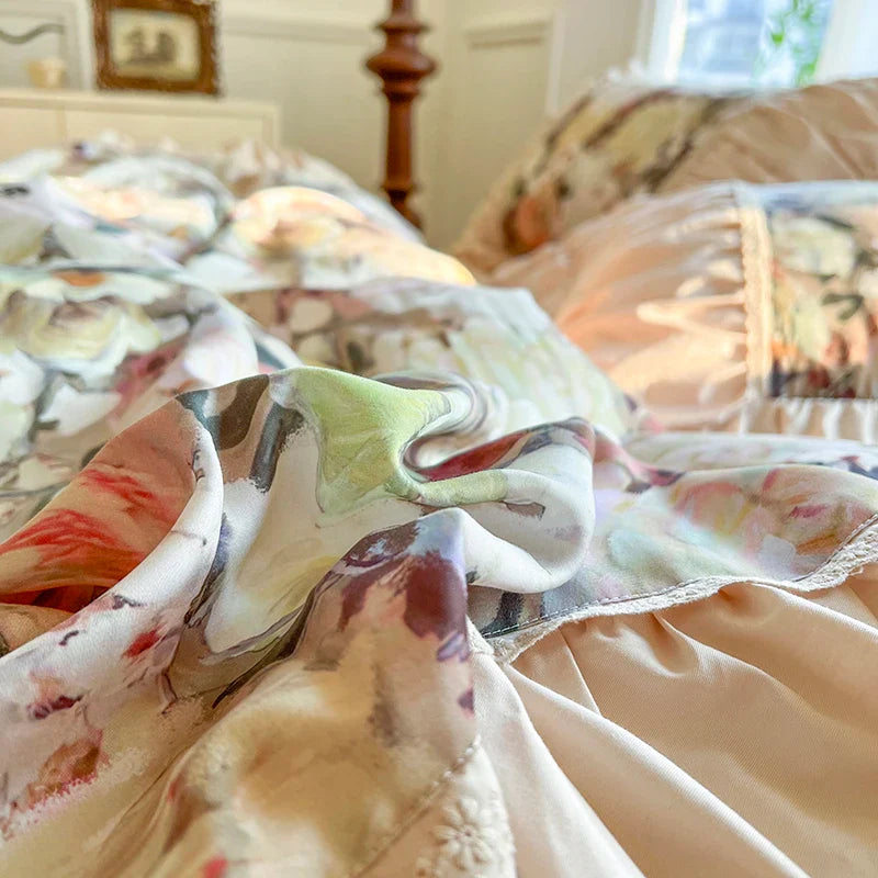 Afralia™ Vintage Floral Print Cotton Bedding Set with Ruffles & Pleats