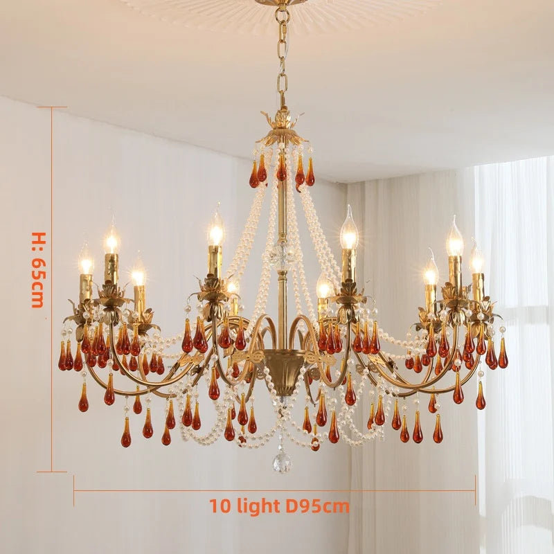 Afralia™ Luxury Red Crystal Candle Chandelier LED Pendant Light - Copper E14 Glamourizing Luminarias