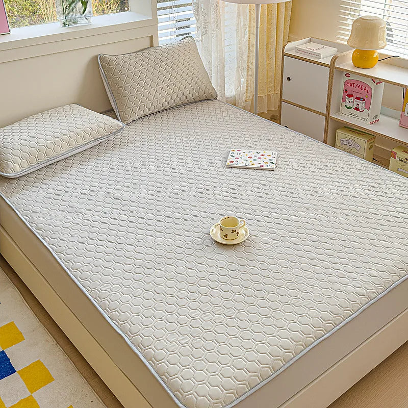 Afralia™ Cool Silk Latex Fitted Sheet Set with Pillowcases, Summer Ice Silk, Single Double Bed