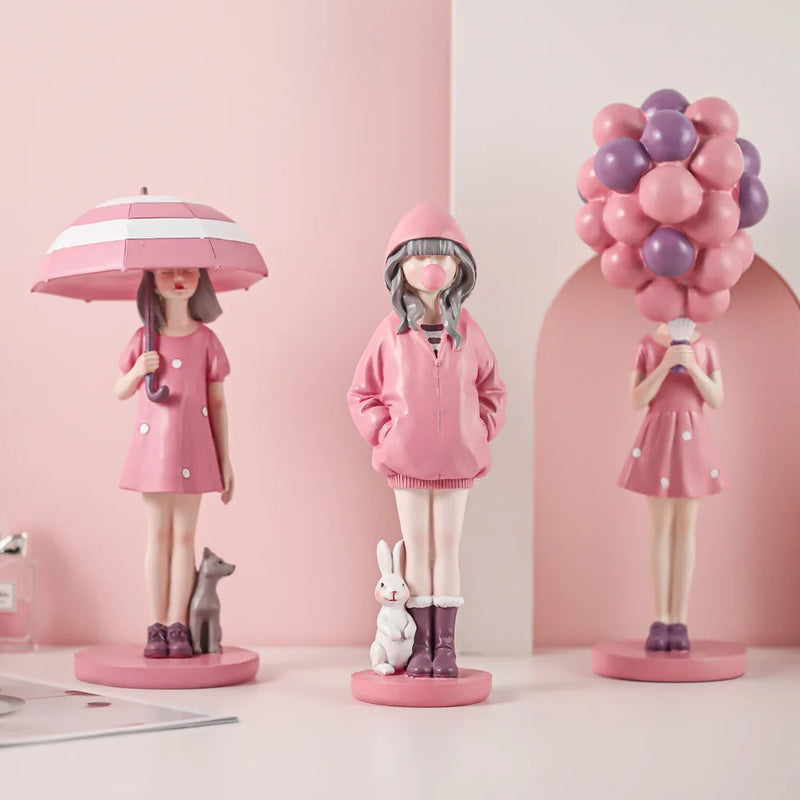 Afralia™ Nordic Pink Balloon Girl Figurines: Sweet Room Decor & Dressing Table Crafts