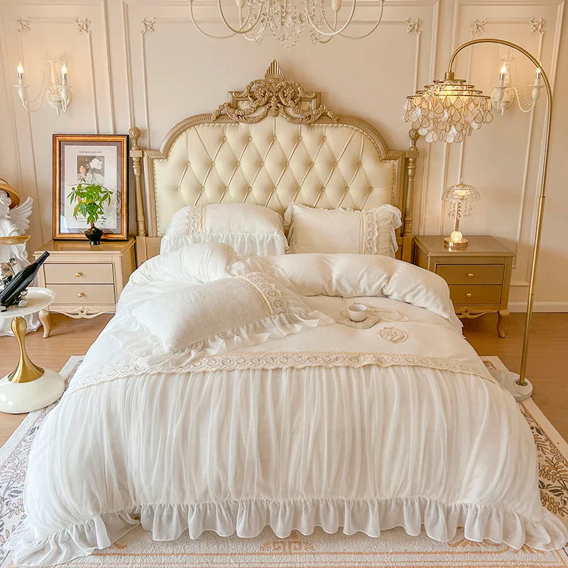 Afralia™ Velvet Fleece Princess Bedding Set with French Pleat Lace Ruffles, Plush & Warm