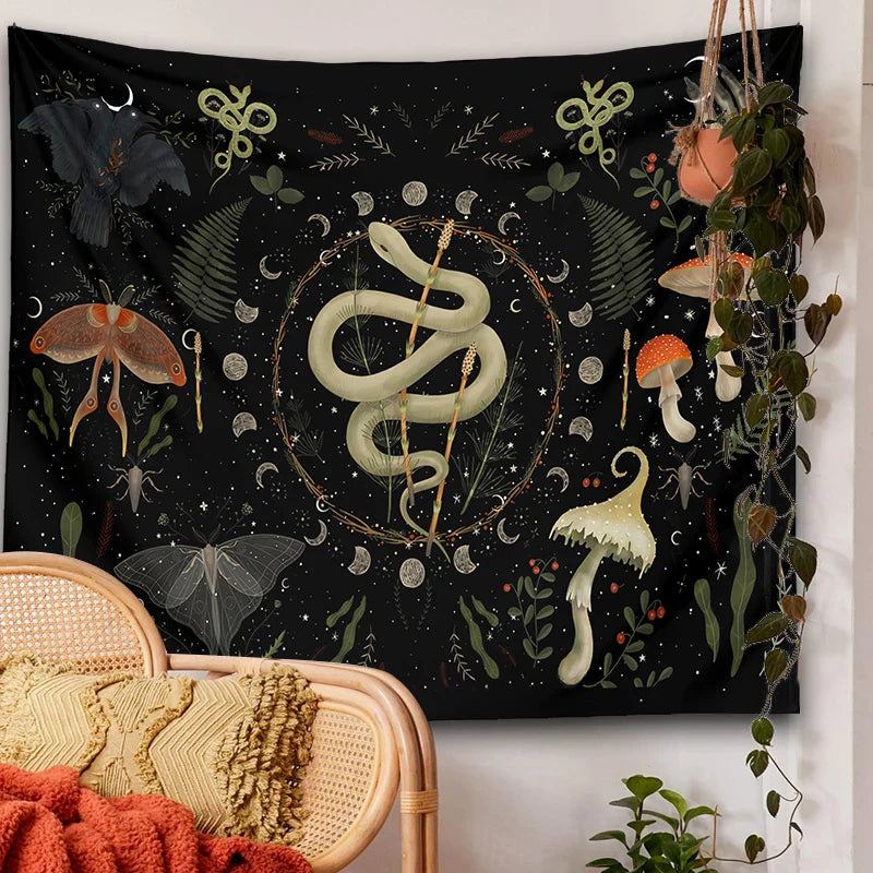 Afralia™ Botanical Witchy Tapestry: Hanging Boho Room Decor with Mushrooms and Snakes