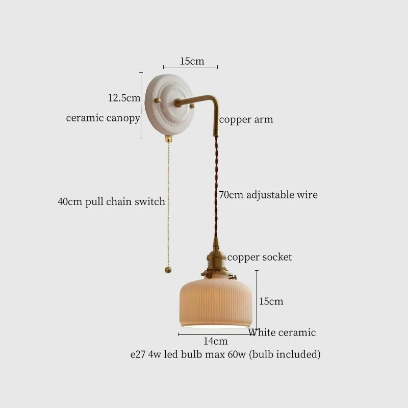 Afralia™ Small Pleats Ceramic LED Wall Light for Bedroom Stair Bathroom with Copper Arm