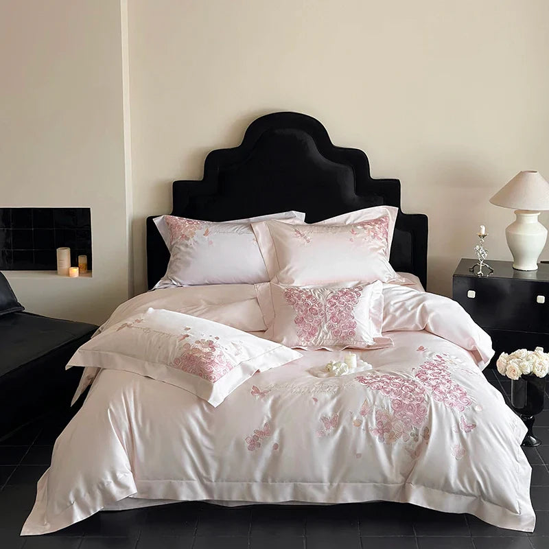 Afralia™ Rose Butterfly Embroidery 1000TC Egyptian Cotton Bedding Set in Cream White