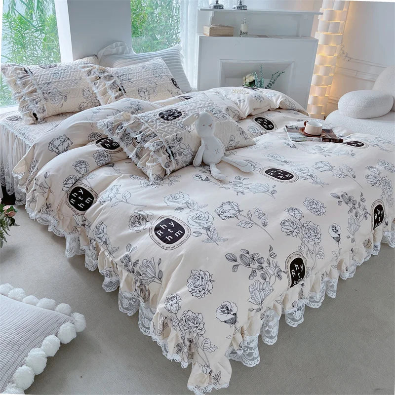 Afralia™ French Floral Print Bedding Set: Duvet Cover, Lace Ruffles, Quilted Embroidery, Pillowcases