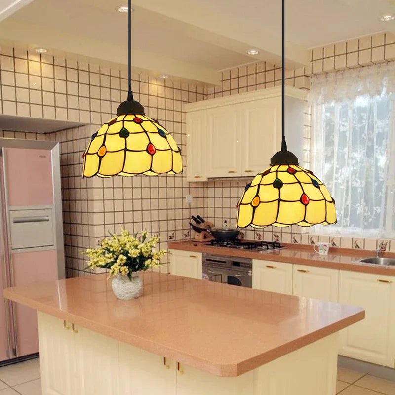 Afralia™ Stained Glass Pteris Pendant Light Chandelier for Dining Room and Bedroom