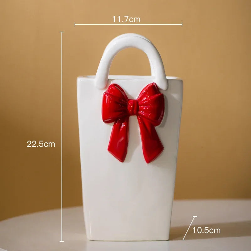 Afralia™ Bowknot Ceramic Vase Handbag Decor Table Flower Room Decor