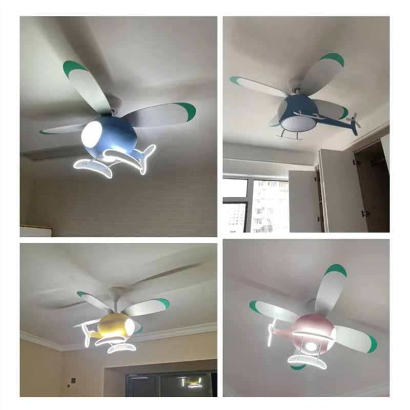 Afralia™ Aircraft LED Chandelier Ceiling Fan Light Remote Dimming Kids Room Bedroom Decor