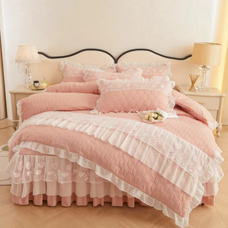 Afralia™ Quilted Embroidery Bedding Set with Lace Ruffles, Duvet Cover, Bed Skirt - Various Colors