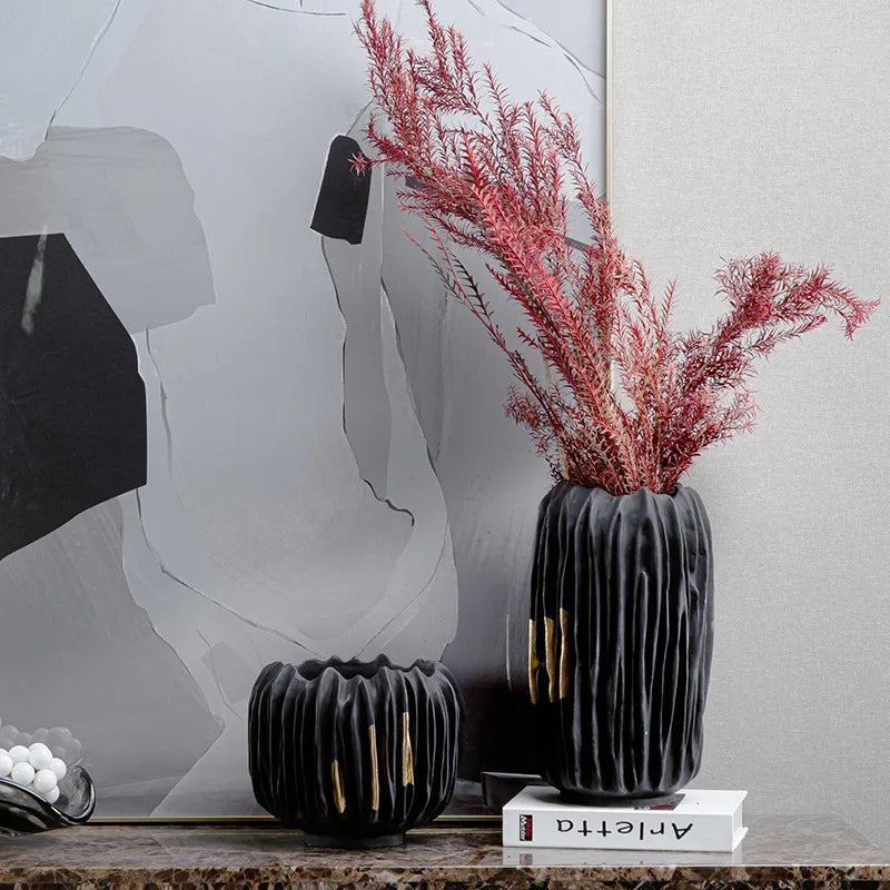 Afralia™ Black Gold Crease Texture Resin Vase - Abstract Home Decor Ornament
