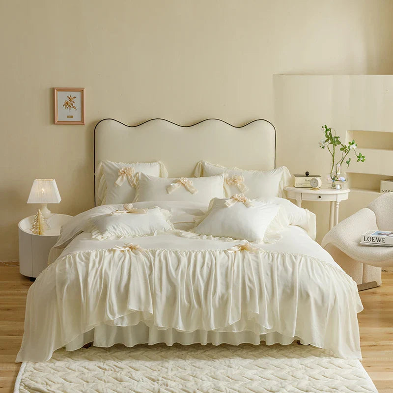 Afralia™ Sweet Lace Ruffles Flowers Bow Wedding Bedding Set - 200X230cm