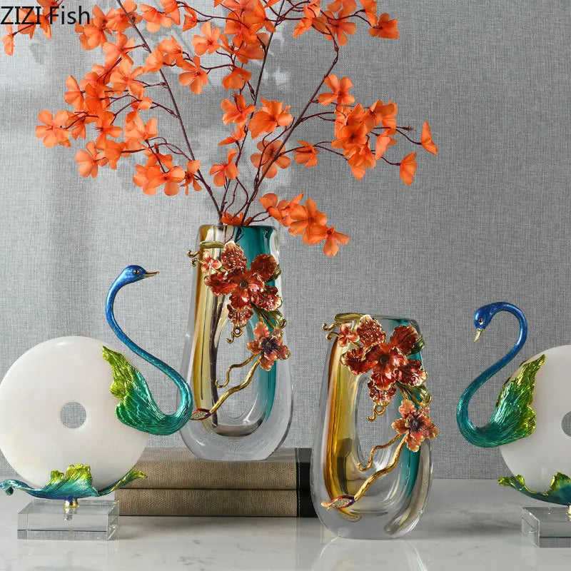 Afralia™ Blue Gradient Glass Vase Desk Decoration Floral Relief Room Decor