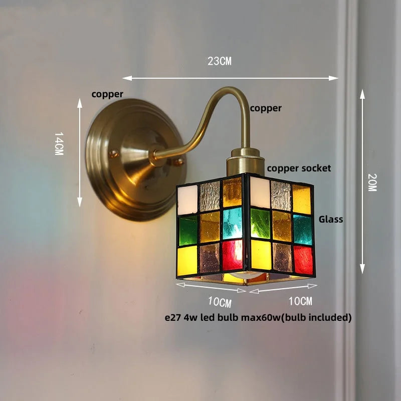 Afralia™ Cube LED Wall Sconce Copper Glass Retro Vintage Light E27 Mirrored Vanity