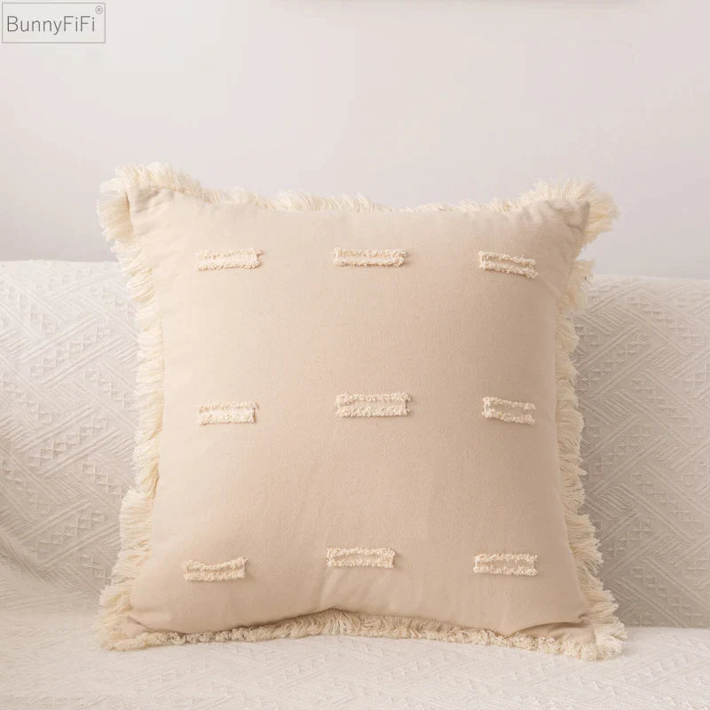 Afralia™ Tassel Accent Pillow Cover - Beige Cotton Linen for Home Sofa Living Room