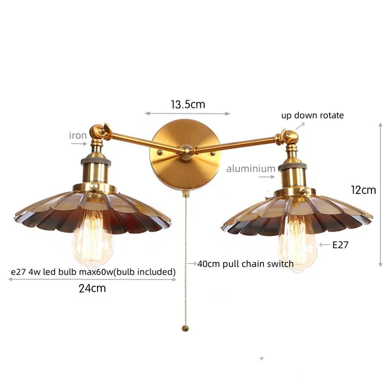Afralia™ Industrial Retro LED Wall Lamp with Two Heads and Pull Chain Switch