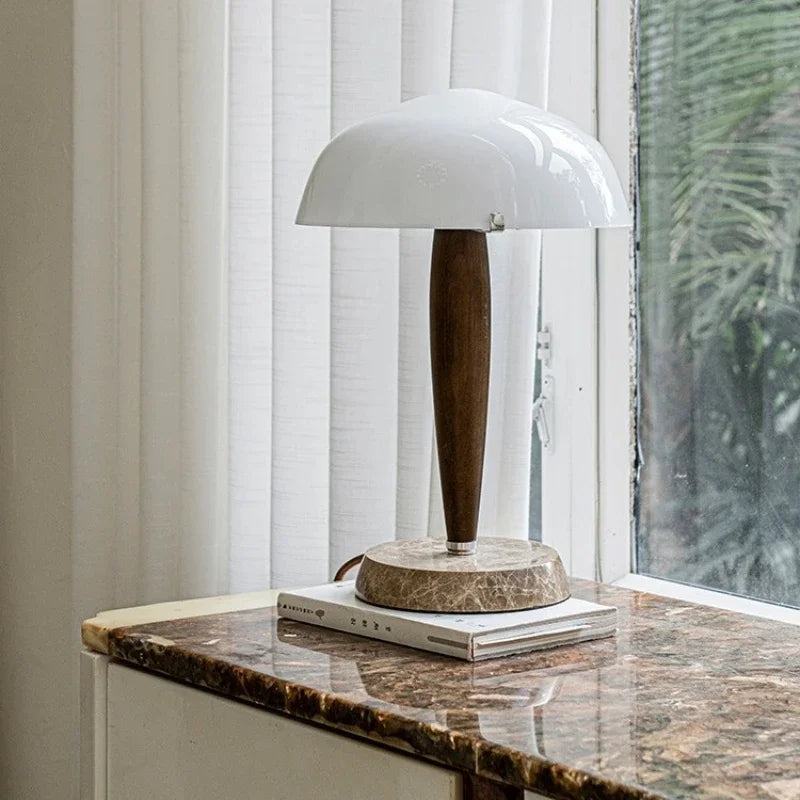 Afralia™ SHY3 Walnut Wood Desk Lamp Glass Shade Marble Base Table Light