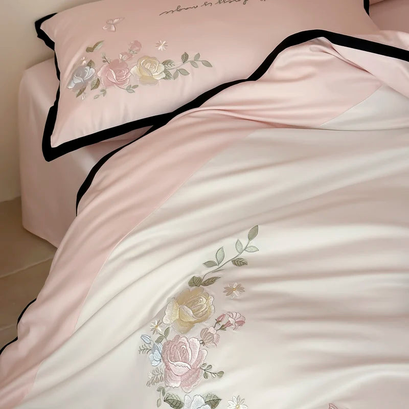 Afralia™ Pink Blue Flowers 4Pcs Princess Bedding Set Embroidered Duvet Cover Sheets