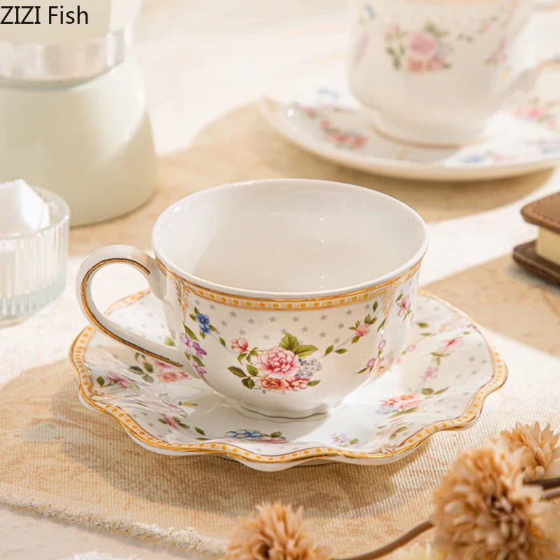 Afralia™ Ceramic Cup & Saucer Set, Gold-Plated Edge, Flower Pattern, Tea & Coffee Mug
