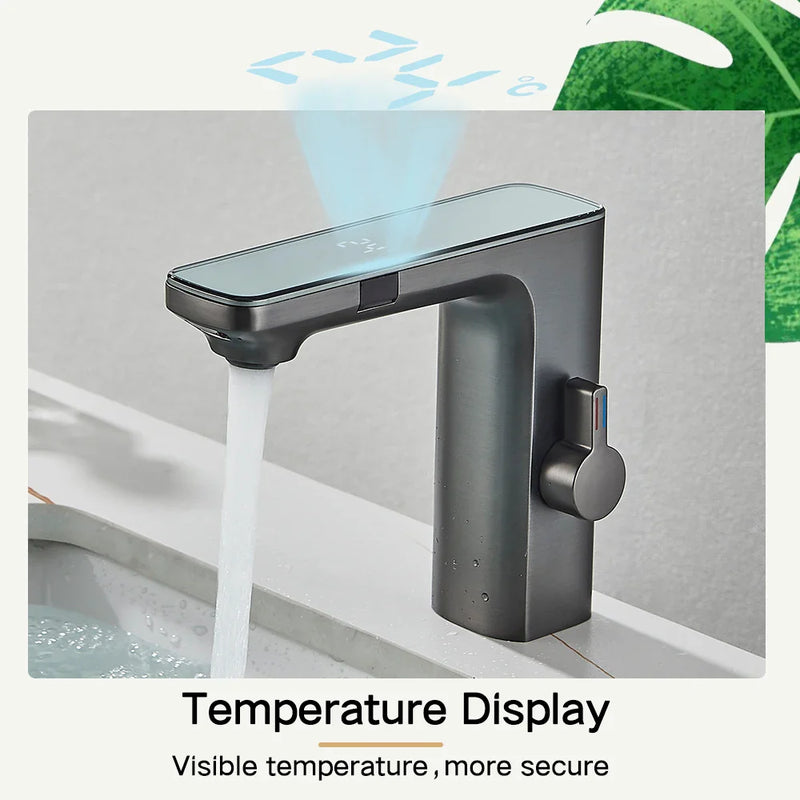 Afralia™ Touchless Sensor Brass Smart Digital Bathroom Sink Faucet Grey Hot Cold Mixer