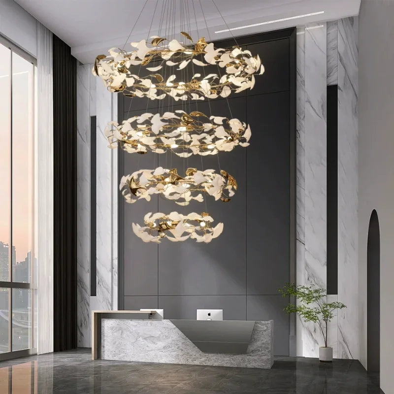 Afralia™ Ginko Leaf Staircase Chandelier for Loft Stairway - Large Chandeliers for High Ceilings