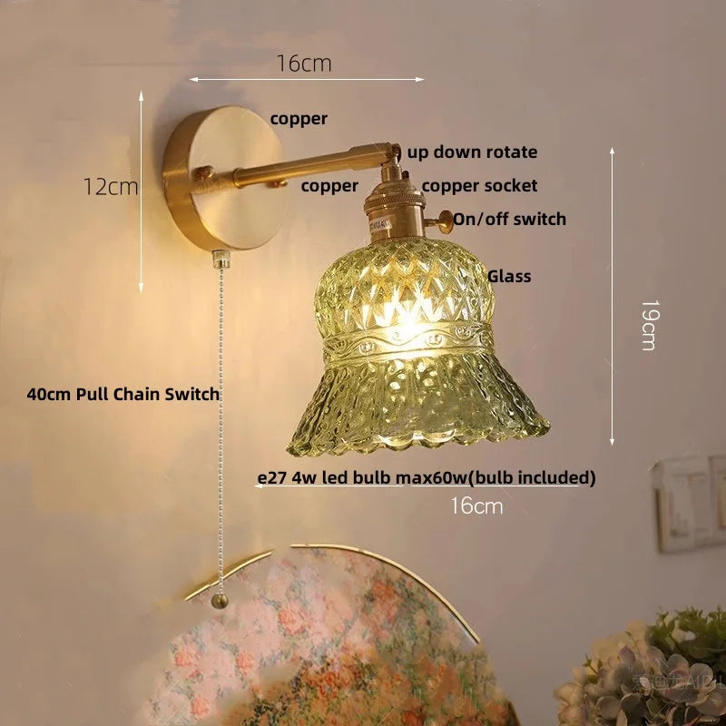 Afralia™ Amber Flower Glass Wall Light Fixture with Pull Chain Switch