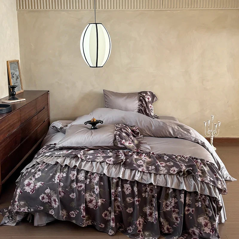 Afralia™ Luxe Lace Ruffles Wedding Bedding Set: Duvet Cover, Bed Sheet, 2 Pillowcases