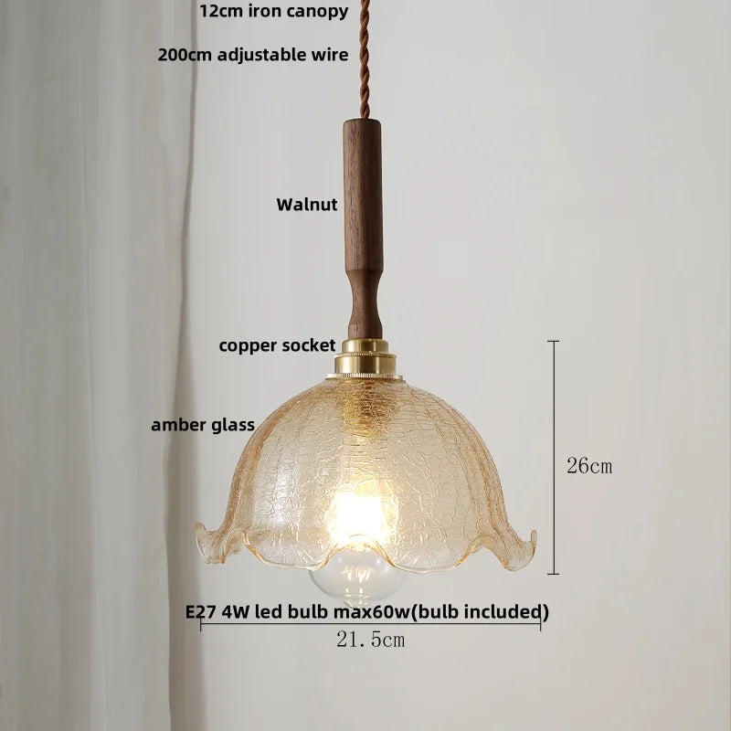 Afralia™ Flower Glass Walnut Wood LED Pendant Light Fixture for Kitchen and Restaurant