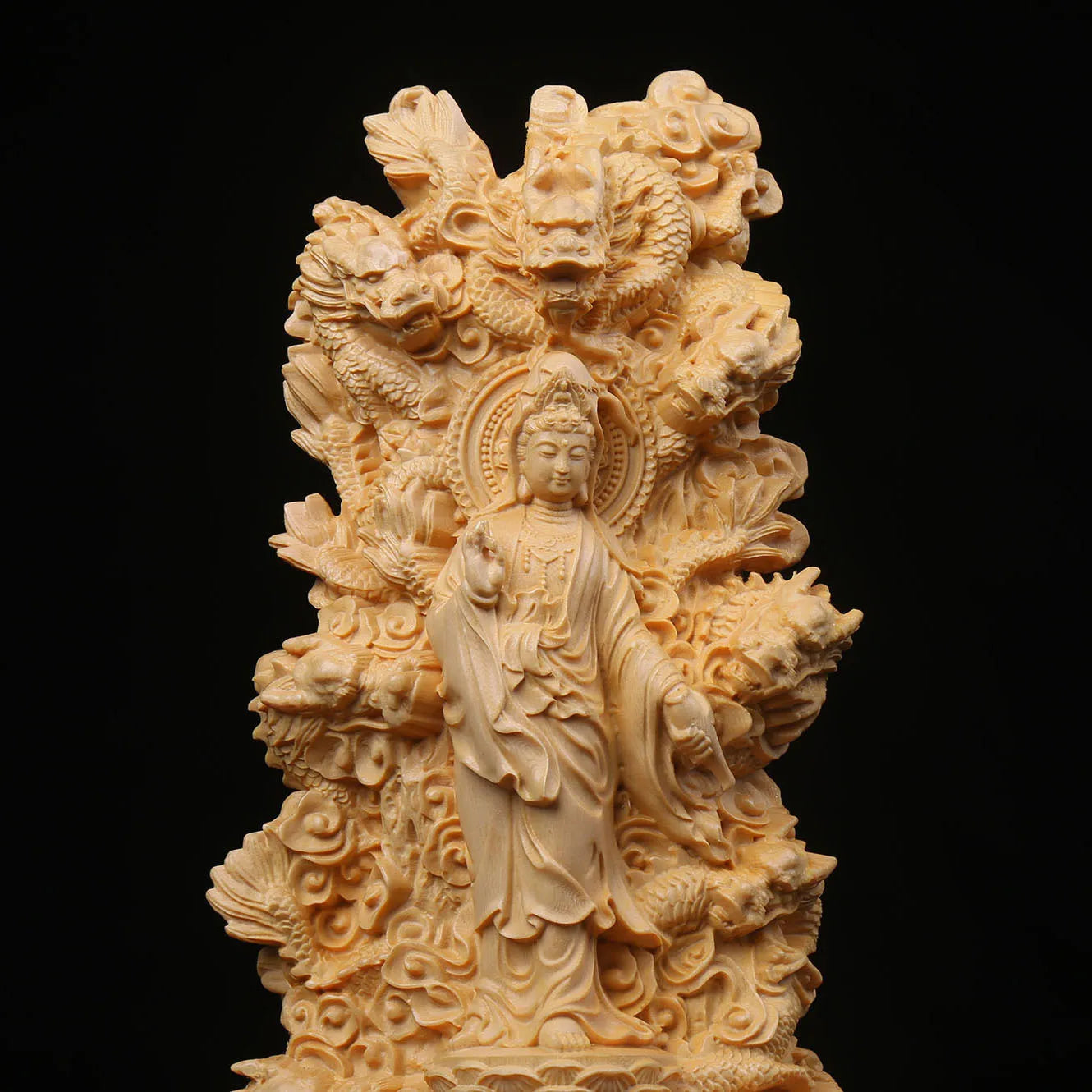 Afralia™ Wooden Carved Nine Dragons Guanyin Puxian Bodhisattva Home Decor Ornament