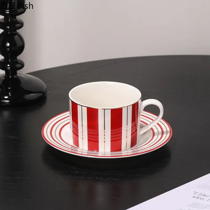 Afralia™ Striped Ceramic Cup & Saucer Set for Tea & Coffee - 250ml