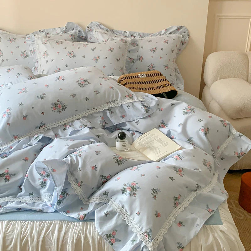 Afralia™ Lace Ruffles Floral Velvet Patchwork Duvet Cover Bedding Set