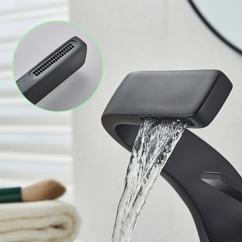Afralia™ Black Waterfall Bathroom Basin Faucet Cold Hot Mixer Deck-mounted Simple Design