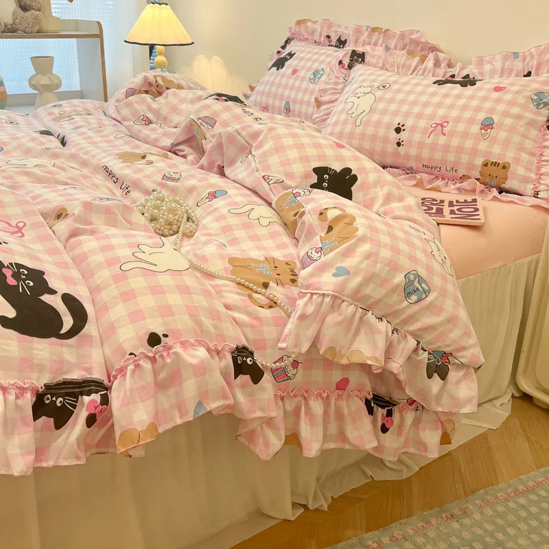 Afralia™ Korean Princess Floral Print Bedding Set in Washed Cotton for Girls