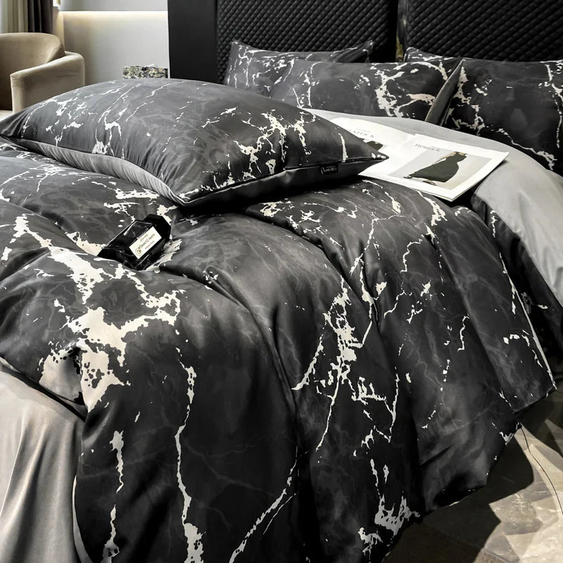 Afralia™ Black Grey Marble Ice Silk Duvet Cover Set - Luxury Cooling Comfort, Nordic Style